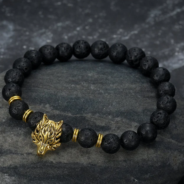 🐺 Bracelet Loup Alpha – Pierre de Lave & Acier Doré