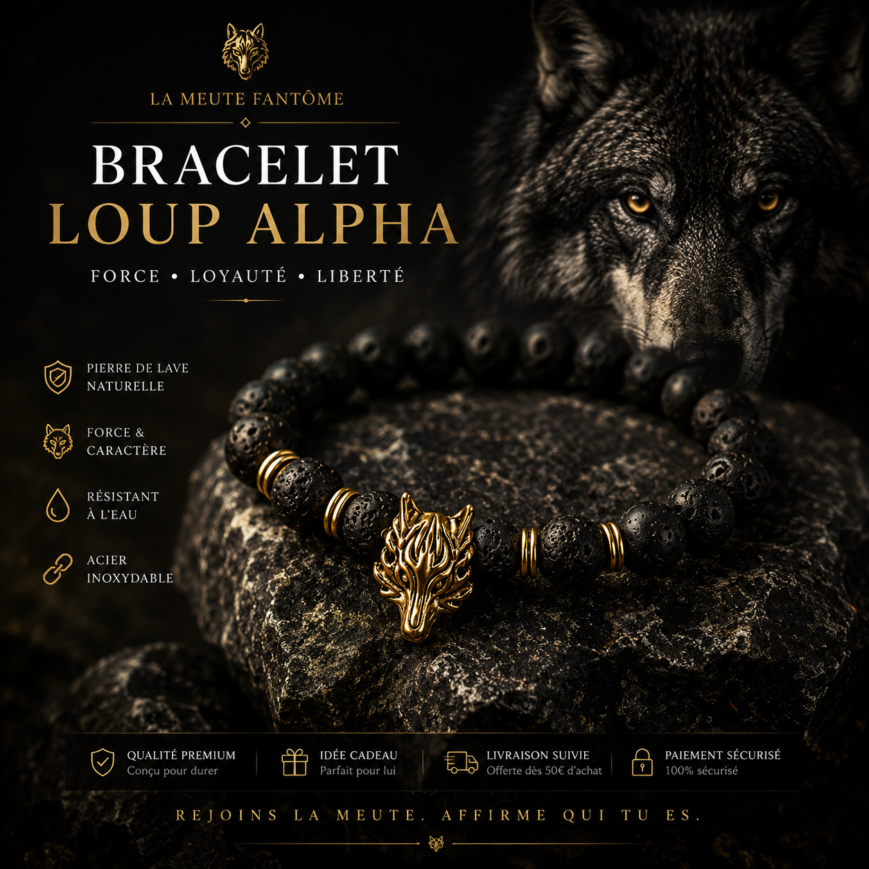 🐺 Bracelet Loup Alpha – Pierre de Lave & Acier Doré